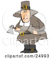 Male Pilgrim Man In Brown Carrying An Ax And Searching For A Turkey To Kill For Thanksgiving Dinner