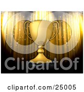Clipart Illustration Of Confetti Falling Over A Golden Trophy Cup Award Resting On A Podium In Front Of A Yellow Stage Curtain