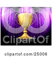 Clipart Illustration Of Confetti Falling Over A Golden Trophy Cup Award Resting On A Podium In Front Of A Purple Stage Curtain