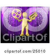 Clipart Illustration Of A Gold Person Holding A Film Reel And A Movie Ticket And Standing In Front Of A Purple Theater Curtain With Confetti by 3poD