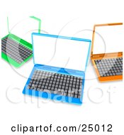 Green Blue And Orange Laptop Computers With Blank White Screens