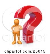 Clipart Illustration Of A Confused Orange Person Rubbing His Chin And Standing Beside A Large Red Question Mark by 3poD #COLLC25015-0033