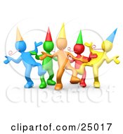 Diverse Group Of Colorful People Wearing Party Hats And Blowing Noise Makers While Dancing At A Birthday Or New Years Eve Party