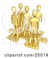 Clipart Illustration Of A Team Of Gold People Standing On Top Of A Jigsaw Puzzle Piece Symbolizing Teamwork Solutions And Challenges by 3poD #COLLC25019-0033