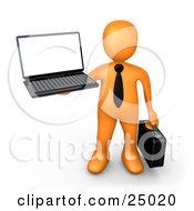 Orange Businessman With A Black Tie Holding A Laptop And Carrying A Briefcase