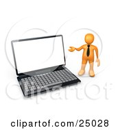Orange Businessman With A Black Tie Gesturing Towards A Large Black Laptop Computer With A Blank Screen