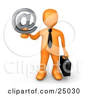 Orange Businessman Carrying A Briefcase And Holding Up A Silver Email At Symbol