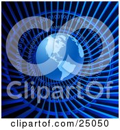 Poster, Art Print Of Blue Binary Coding Circling Around Blue Planet Earth In A Blue Wire Tunnel