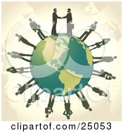 Clipart Illustration Of Two Professional Businessmen Shaking Hands On Top Of A Green Globe Other Business People Circling The Planet by Tonis Pan #COLLC25053-0042