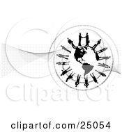 Clipart Illustration Of Two Professional Businessmen Shaking Hands On Top Of A Black And White Globe Other Business People Circling The Planet Over A Grid And Binary Background by Tonis Pan