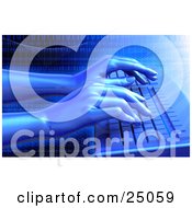 Clipart Illustration Of A Pair Of Virtual Hands Typing On A Blue Computer Keyboard Over A Grid Background With Binary Coding by Tonis Pan #COLLC25059-0042
