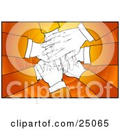 Business People With Orange Sleeves Stacking Their Hand In A Pile Over A Circle Background by Tonis Pan