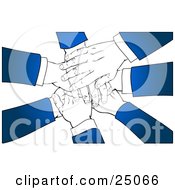 Poster, Art Print Of Team Of Business Partners With Blue Sleeves Stacking Their Hands In A Pile Over A White Background