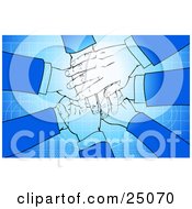 Clipart Illustration Of A Team Of Business Associates With Their Hands All In Stacking Them Over A Blue Grid Binary And Circle Background