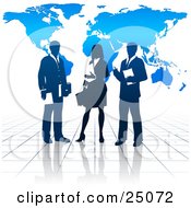 Clipart Illustration Of A Business Woman And Two Men On A Reflective Tile Floor Discussing A Business Project In Front Of A Blue Background With A Map by Tonis Pan #COLLC25072-0042