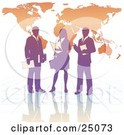 Poster, Art Print Of Purple Business Woman And Two Men On A Reflective Tile Floor Discussing A Business Project In Front Of An Orange Background With A Map