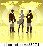 Poster, Art Print Of Businesswoman Standing Between Two Men Discussing A Business Project In Front Of A Yellow Background With A Map And Binary Coding