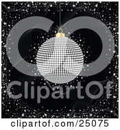 Clipart Illustration Of A Silver Disco Ball Spinning Over A Black Background With Waves And Confetti