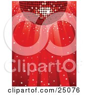 Clipart Illustration Of A Shiny Red Disco Ball Reflecting Light While Spinning Over A Red Background With Confetti by elaineitalia #COLLC25076-0046