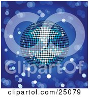 Clipart Illustration Of A Shiny Blue Disco Ball Spinning Over A Blurred Blue Background With Circles by elaineitalia