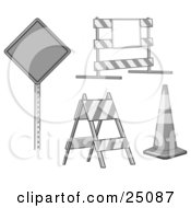 Collection Of Signs Traffic Blocks And Traffic Cones In Gray Tones