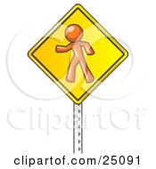 Orange Man Walking On A Yellow Traffic Sign Posted On A Silver Pole