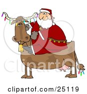 Santa Riding A Cow Decorated In Colorful Christmas Lights