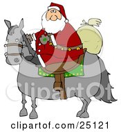 Poster, Art Print Of Santa Claus Riding On A Gray Horse His Sack Of Toys Behind Him