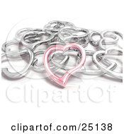 Clipart Illustration Of A Pink Metal Heart On Top Of A Pile Of White Gold Or Silver Hearts Over White
