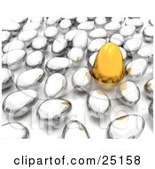 Clipart Illustration Of A Large Golden Easter Egg Standing Out In A Crowd Of Silver Eggs