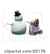 Poster, Art Print Of Snowman With Stick Arms A Carrot Nose And A Hat Standing With Wrapped Christmas Presents