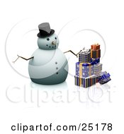 Poster, Art Print Of Christmas Snowman With A Carrot Nose Stick Arms And A Hat Standing By Wrapped Gifts