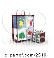 Clipart Illustration Of A Wrapped Christmas Present In A Box In Front Of A Matching Gift Bag With Star Ornament Tree And Santa Hat Scenes
