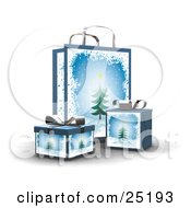 Poster, Art Print Of Wrapped Christmas Presents In Boxes In Front Of A Matching Gift Bag With Trees And Snow