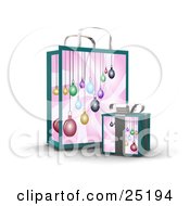 Poster, Art Print Of Wrapped Christmas Present In A Box In Front Of A Matching Gift Bag With An Ornament Design