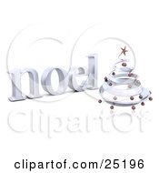 Chrome Spiral Christmas Tree With Red Ornaments And A Star In Front Of A Noel Greeting Over White