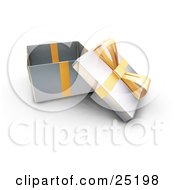 Opened Christmas Gift Wrapped In Silver Paper With A Gold Ribbon And Bow