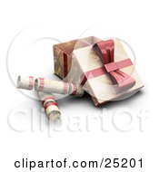 Three Opened Christmas Presents Wrapped In Gold Christmas Greeting Paper With A Red Ribbons And Bows