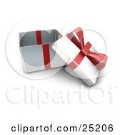 Poster, Art Print Of Opened Christmas Gift Wrapped In Silver Paper With A Red Ribbon And Bow