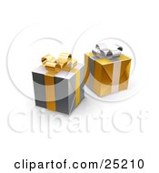 Two Unopened Christmas Gifts Wrapped In Silver And Gold Paper Ribbons And Bows