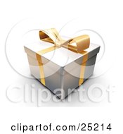 Unopened Christmas Gift Wrapped In Silver Paper With A Yellow Ribbon And Bow