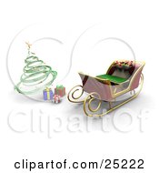 Clipart Illustration Of Santa Claus Sleigh With A Full Toy Sack Parked In Front Of A Green Spiral Christmas Tree With Presents