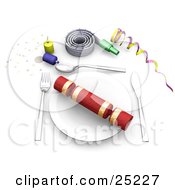 Clipart Illustration Of A Gift On A Table Place Setting With Confetti Party Poppers Noise Makers And Ribbons At A Birthday Party by KJ Pargeter