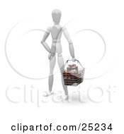 White Figure Character Standing In A Store Carrying A Shopping Basket Full Of Wrapped Christmas Gifts