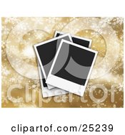 Poster, Art Print Of Three Piled Blank Polaroid Pictures Over A Golden Snowflake Christmas Background