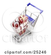 Wrapped Christmas Presents In A Metal Shopping Cart With A Blue Handle