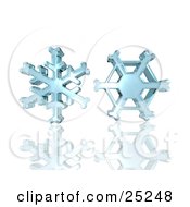 Poster, Art Print Of Two Ice Blue Wintry Christmas Snowflakes Hovering Over A Reflective White Background