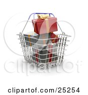 Red And Green Wrapped Christmas Presents Piled In A Metal Shopping Basket With Blue Handles