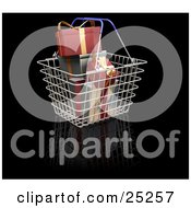 Poster, Art Print Of Metal Shopping Basket With Blue Handles Full Of Wrapped Red And Green Christmas Gifts