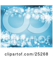 Poster, Art Print Of Blue Background With White Winter Snowflakes Along The Top And Bottom Borders